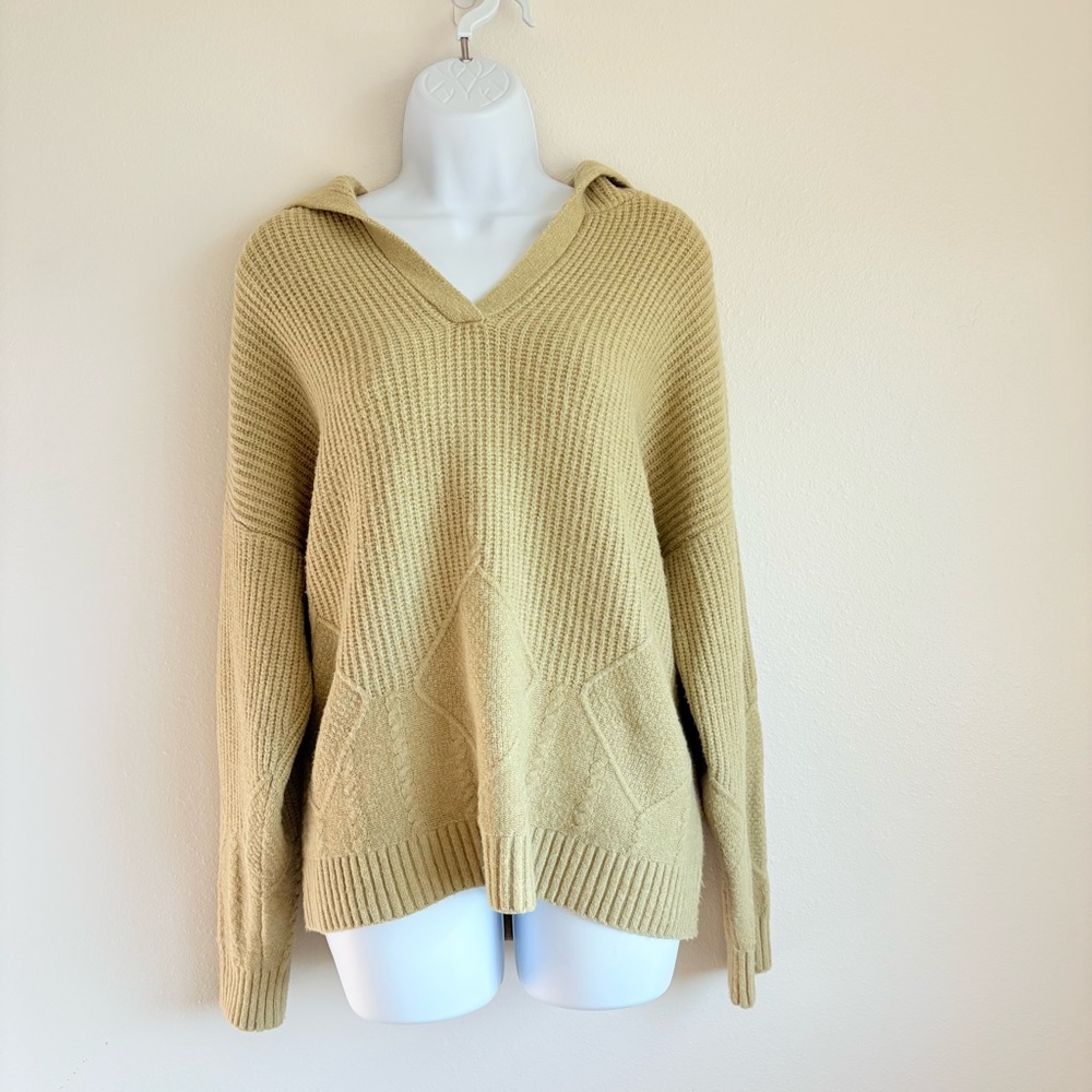 Christopher & Banks Olive Green V-Neck Hooded Knit Sweater SzXL Cabin Chic Cozy
